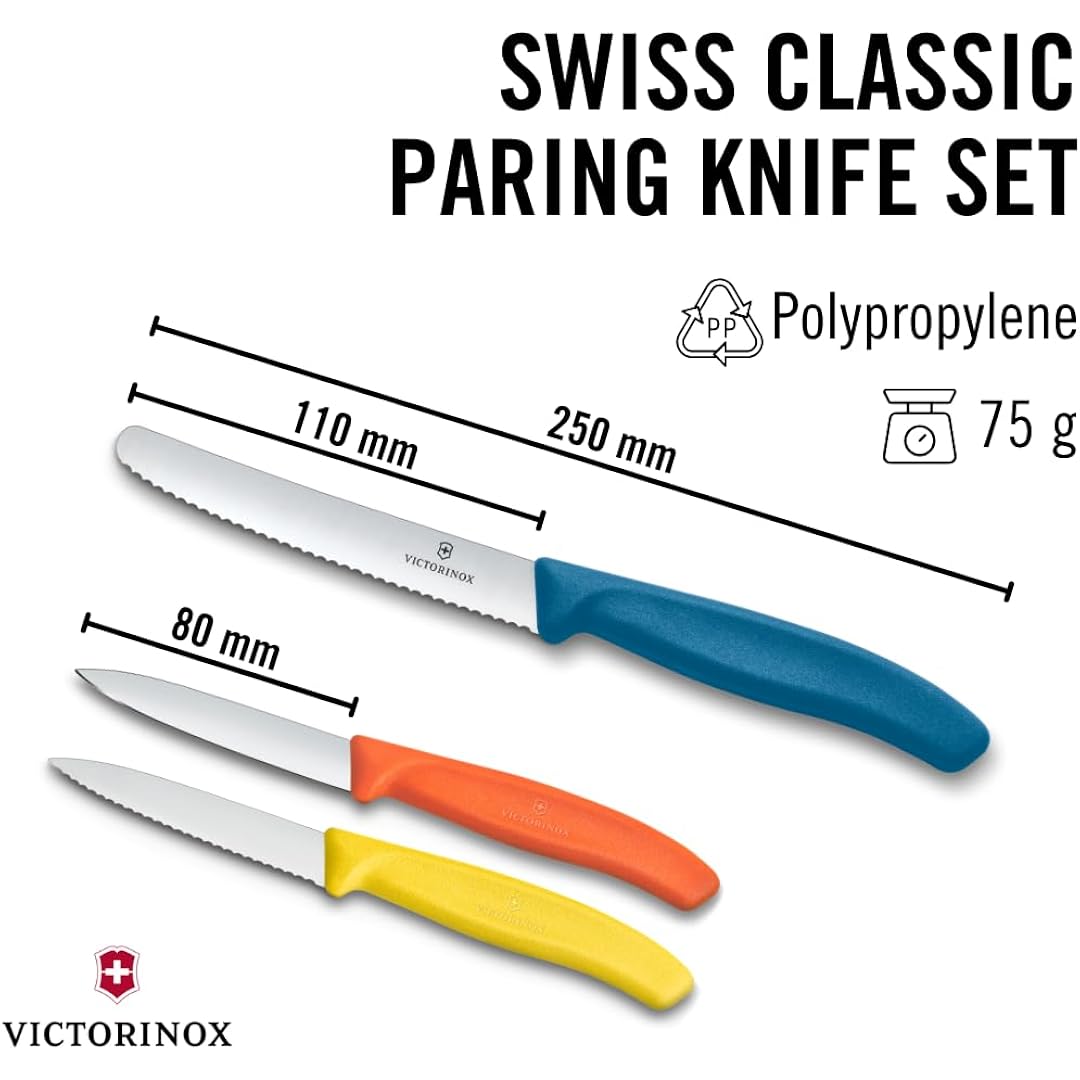 Victorinox Swiss Classic Paring Knife Set, 3 Pieces, Stainless Steel | Trio Of Sharp Straight & Wavy Edge Fruit Peeler Knives, Ergonomic Handles In Yellow, Orange & Blue, Dishwasher Safe