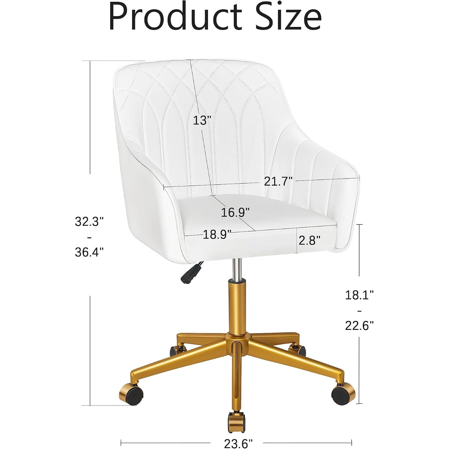 Vecelo Modern Pu Swivel Home Office Desk Chair With Back & Rolling Wheels, Adjustable Seat Height For Girls Women Bed Room Vanity Makeup/Task/Computer Work, White