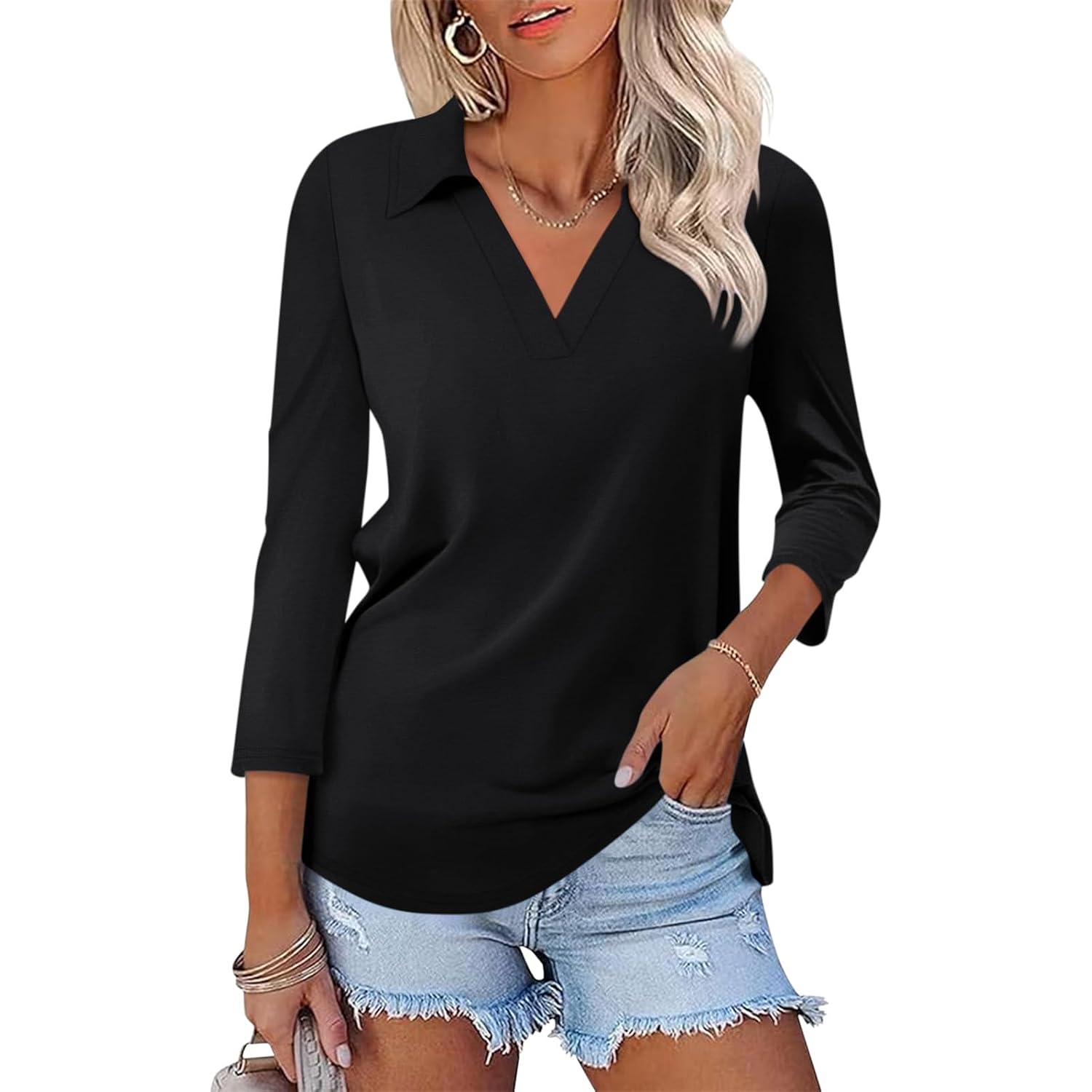 Ticticmiss Womens V Neck Polo Shirts 3/4 Sleeve Collared Tops Business Casual Summer Tops Trendy Loose