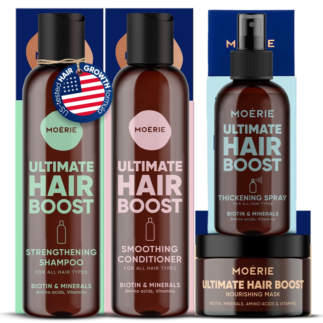 Moérie Hair Growth Shampoo, Conditioner, Spray And Mask For Men And Women, Hair Loss Solution With Biotin And Rosemary, Thickening Hair Regrowth Set With Serum Level Care For Thinning Hair, 4 Set