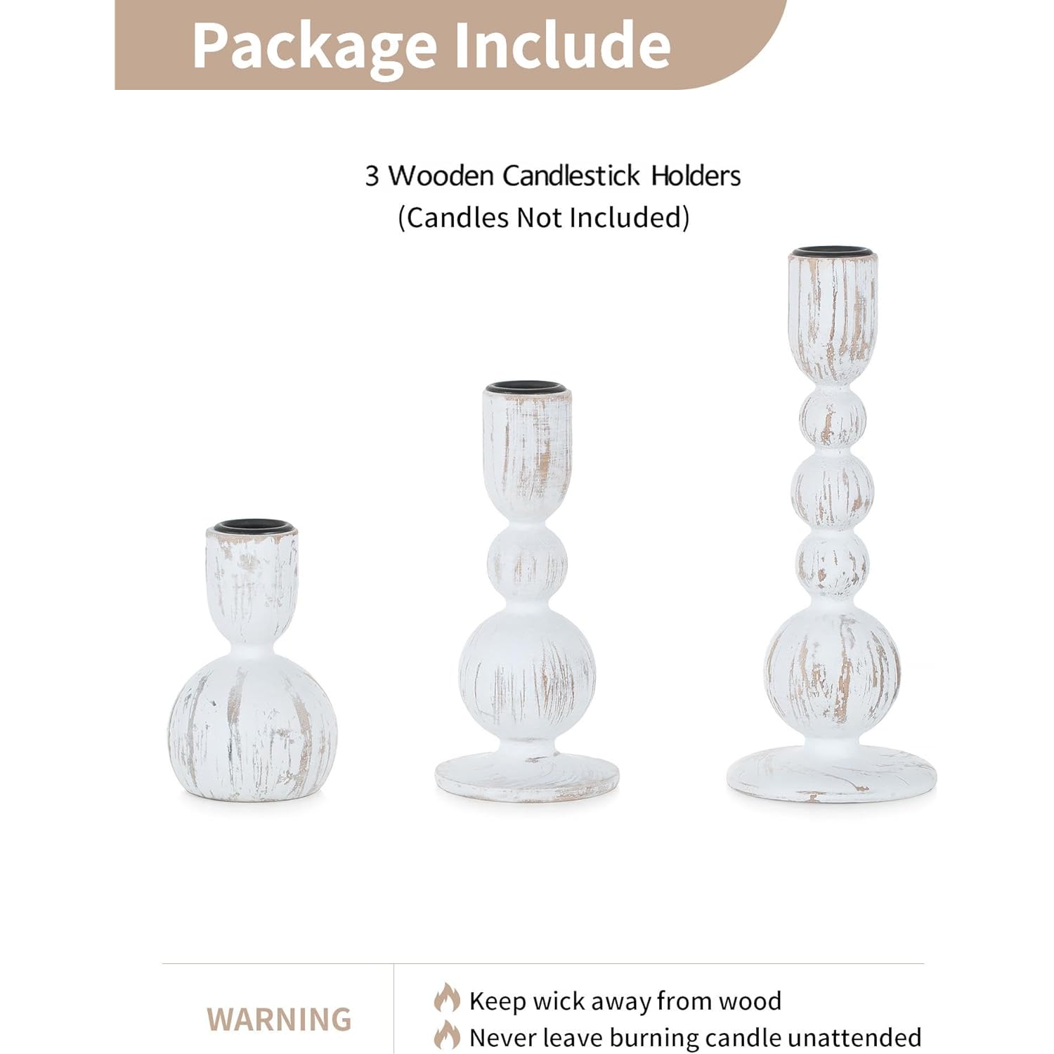 NUPTIO Taper Candle Holders Decor: Set of 3 Wooden Candlestick Holders Mantel Decor - Boho Farmhouse Rustic White