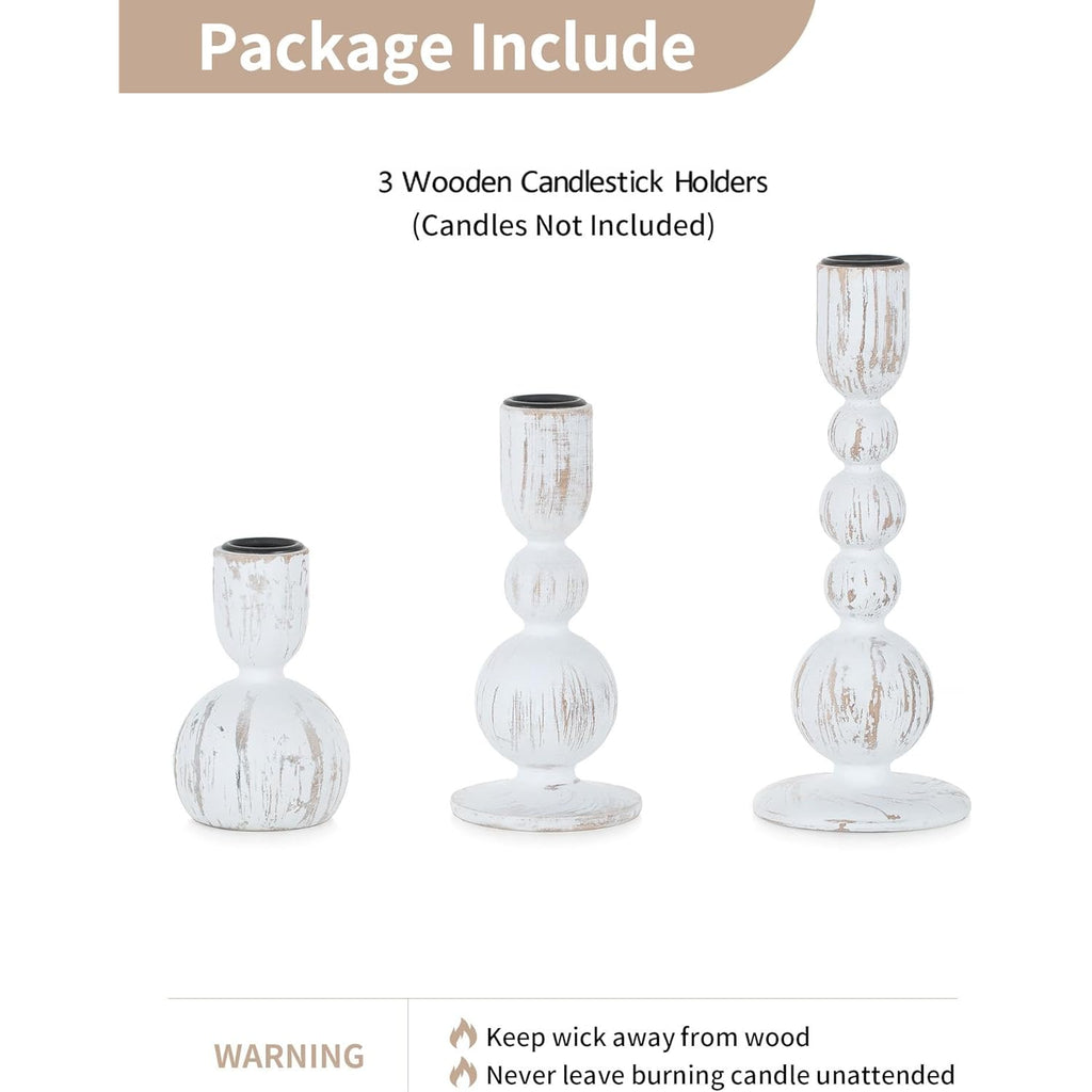 NUPTIO Taper Candle Holders Decor: Set of 3 Wooden Candlestick Holders Mantel Decor - Boho Farmhouse Rustic White