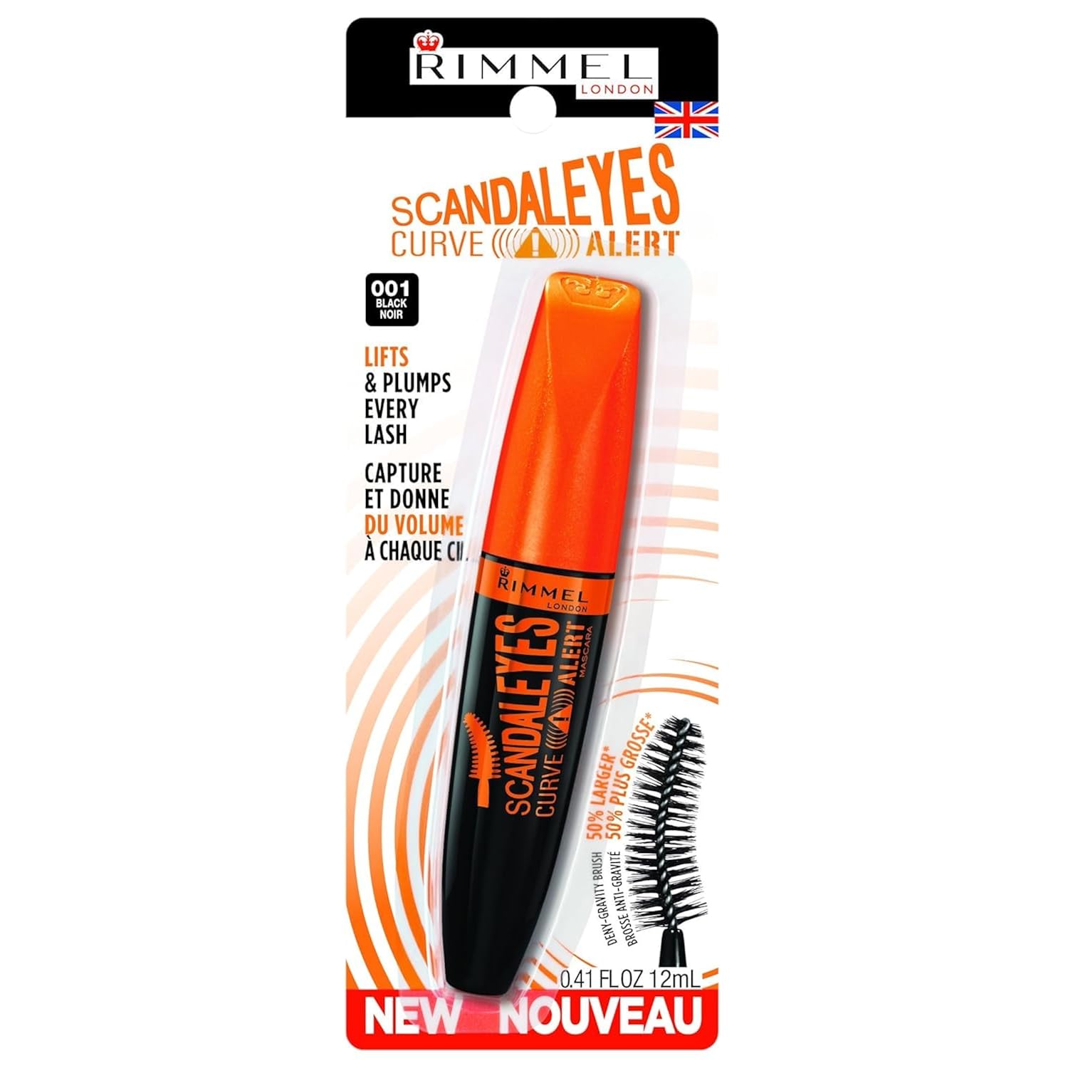 Rimmel London Scandaleyes Curve Alert Mascara, Volumizing, Curls, Plumps, 001, Black, 0.41oz