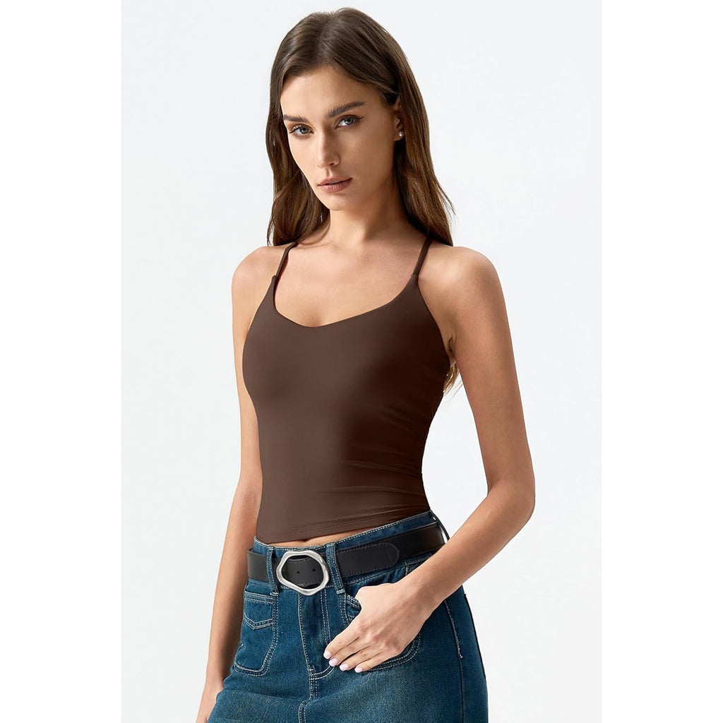 QINSEN Womens Cross Back Tank Top V Neck Double Lined Camisole Top Sleeveless Spaghetti Strap Going Out Tops