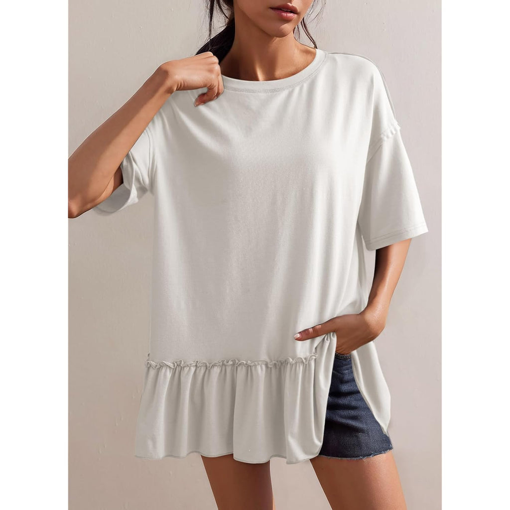 Dokotoo Womens Summer Tops Crewneck Short Sleeve Ruffle Hem Oversized T-Shirts Casual Loose Peplum Babydoll Blouses Shirts