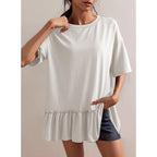 Dokotoo Womens Summer Tops Crewneck Short Sleeve Ruffle Hem Oversized T-Shirts Casual Loose Peplum Babydoll Blouses Shirts