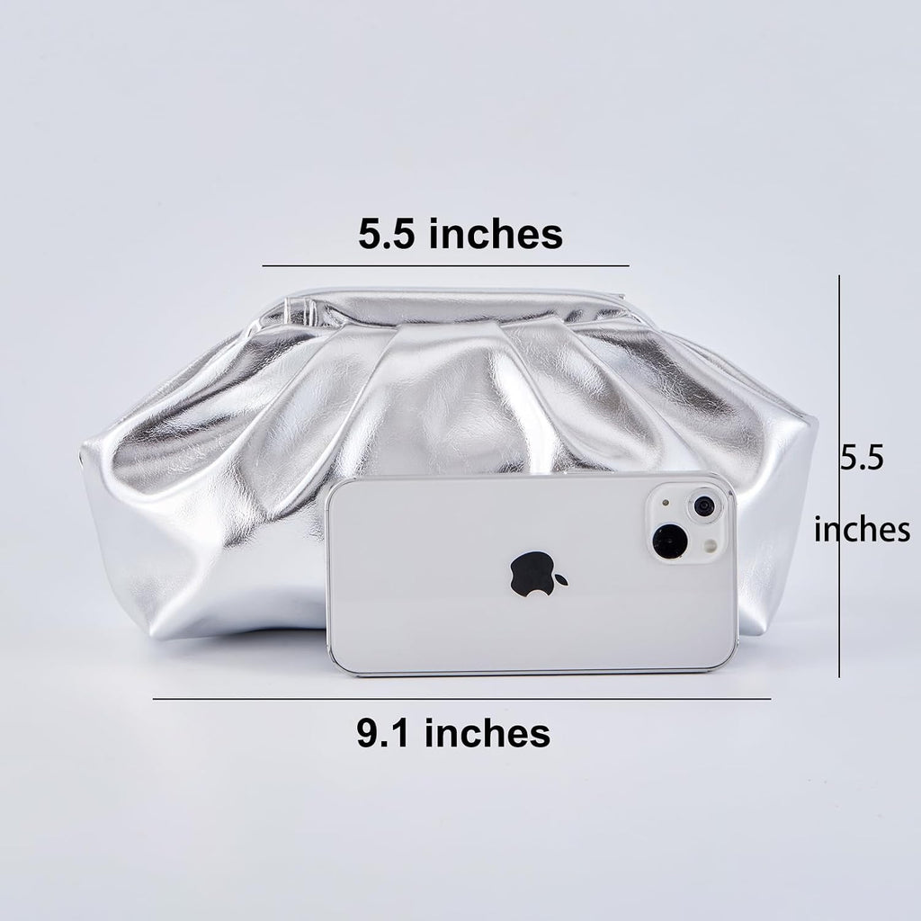 Bryctsisen Pleated Evening Vegan Leather Clutch Handbag Purse Metallic Pu Cloud Shoulder Bag For Women Evening Purse Handbag