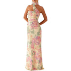 Women Summer Floral Formal Wedding Guest Dress Strapless Tube Dress With Scarf Summer Cocktail Long Maxi Dresses
