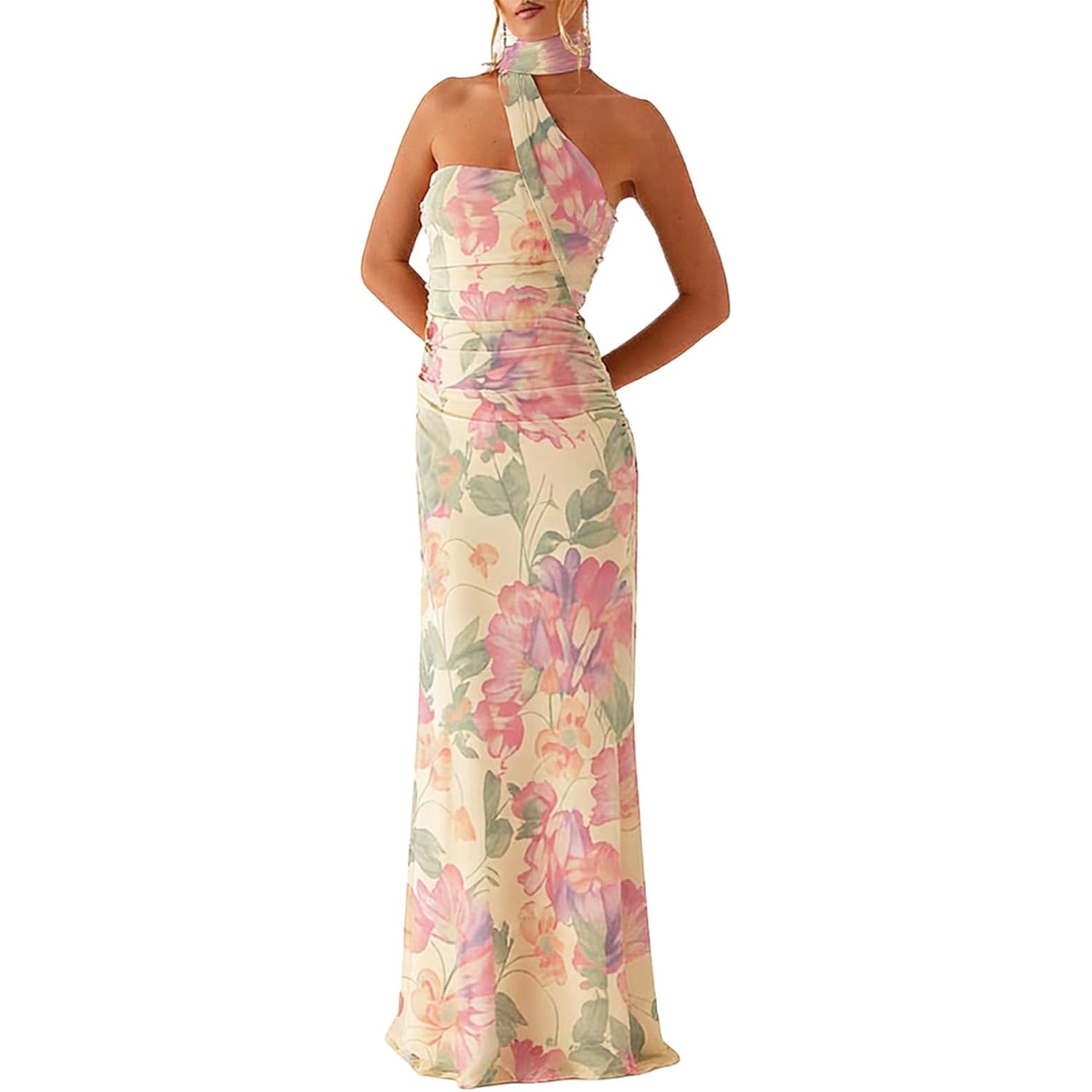 Women Summer Floral Formal Wedding Guest Dress Strapless Tube Dress With Scarf Summer Cocktail Long Maxi Dresses