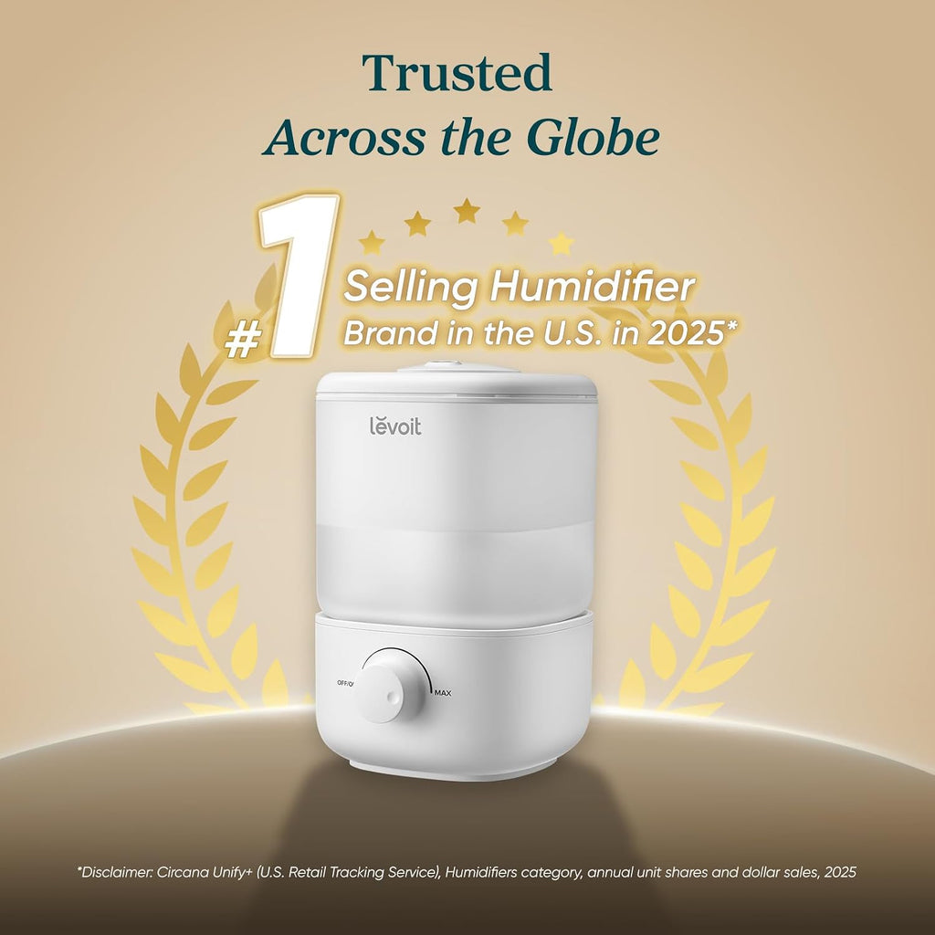Levoit Top Fill Humidifiers For Bedroom, 2.5L Tank For Large Room, 28Db | Easy To Fill & Clean, Quiet Cool Mist Air Humidifier For Home Baby Nursery & Plants, Auto Shut-Off For Safety, 25H Lasting