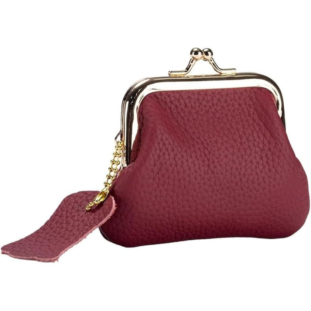 Vintage Kiss Lock Genuine Leather Wallet Mini Coin Purse Portable Jewelry Bag For Women Gift Box (Wine Red)