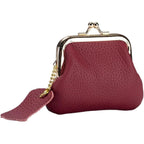 Vintage Kiss Lock Genuine Leather Wallet Mini Coin Purse Portable Jewelry Bag For Women Gift Box (Wine Red)