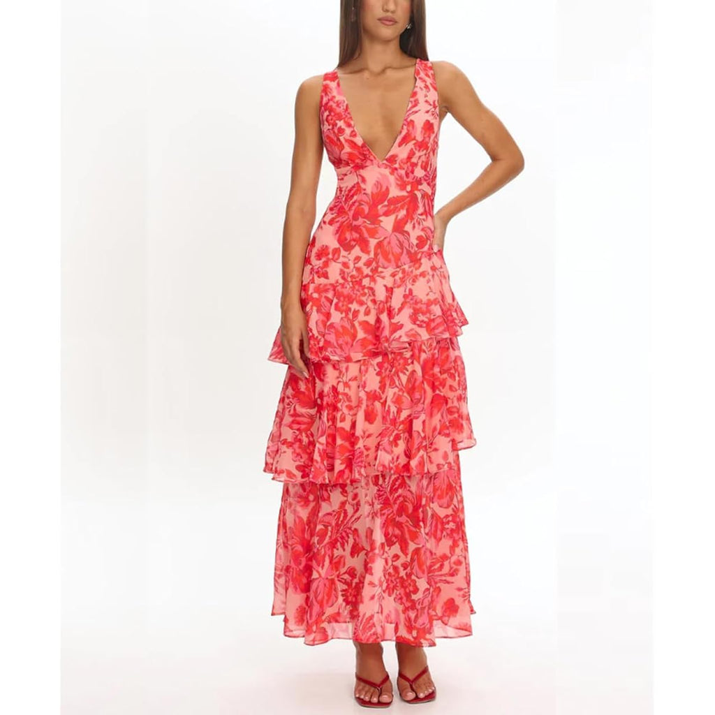 Women'S Floral Maxi Dress Sexy Deep V Neck Backless Ruffles Dresses Beach Party Wedding Guest Dress