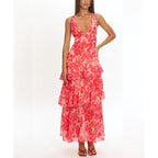 Women'S Floral Maxi Dress Sexy Deep V Neck Backless Ruffles Dresses Beach Party Wedding Guest Dress
