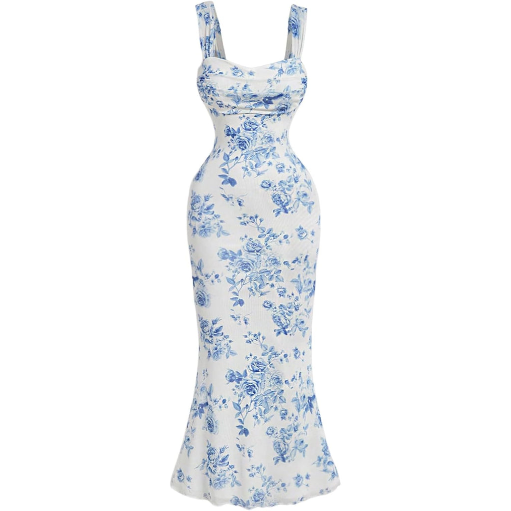 Gorglitter Women'S Floral Summer Wedding Guest Dress Ruched Cocktail Party Bridal Shower Formal Beach Midi Sun Dresses