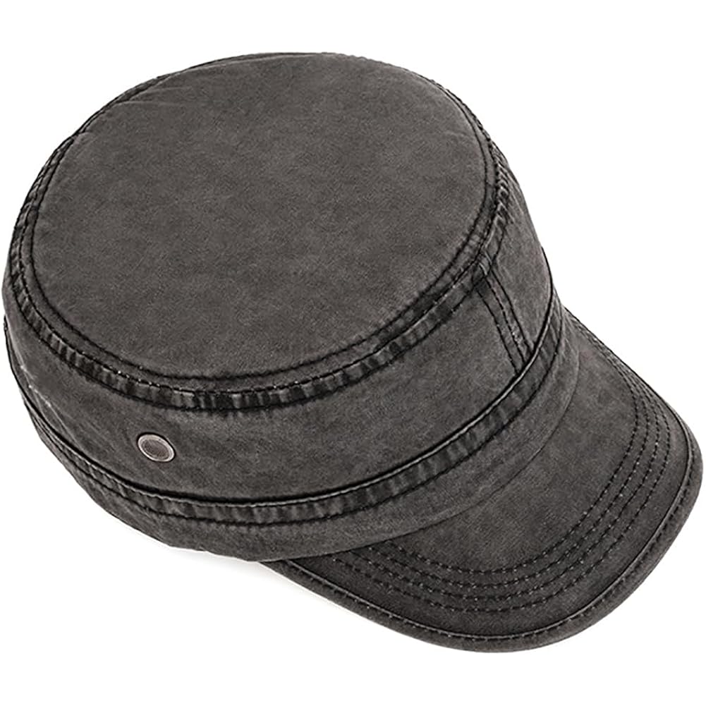 Military Cadet Army Cap for Men Women – Washed Cotton Vintage Adjustable Flat Top Hat Black
