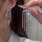 Silver Rhinestone Tassel Earrings for Women Long Tennis Prom Earrings Crystal Chain Dangle Earrings Wedding Party Jewelry (A)