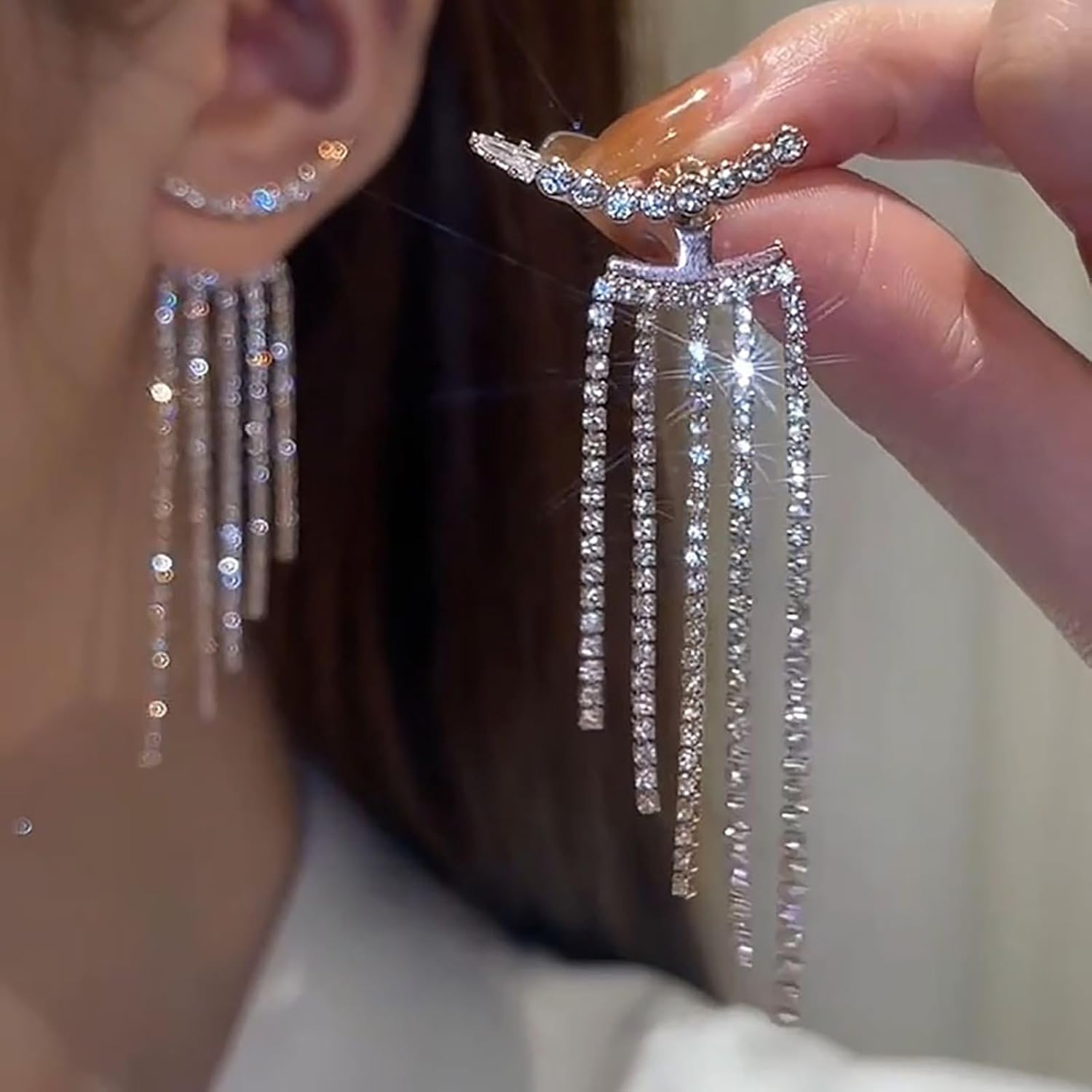 Silver Rhinestone Tassel Earrings for Women Long Tennis Prom Earrings Crystal Chain Dangle Earrings Wedding Party Jewelry (A)