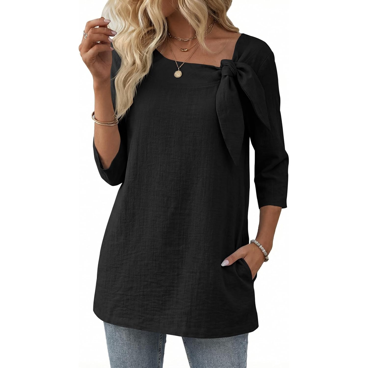 Summer Tunic Tops for Women 3/4 Sleeve Linen Blouse with Pockets & Bow Tie Neck Ladies Tops for Brunch Casual Wear