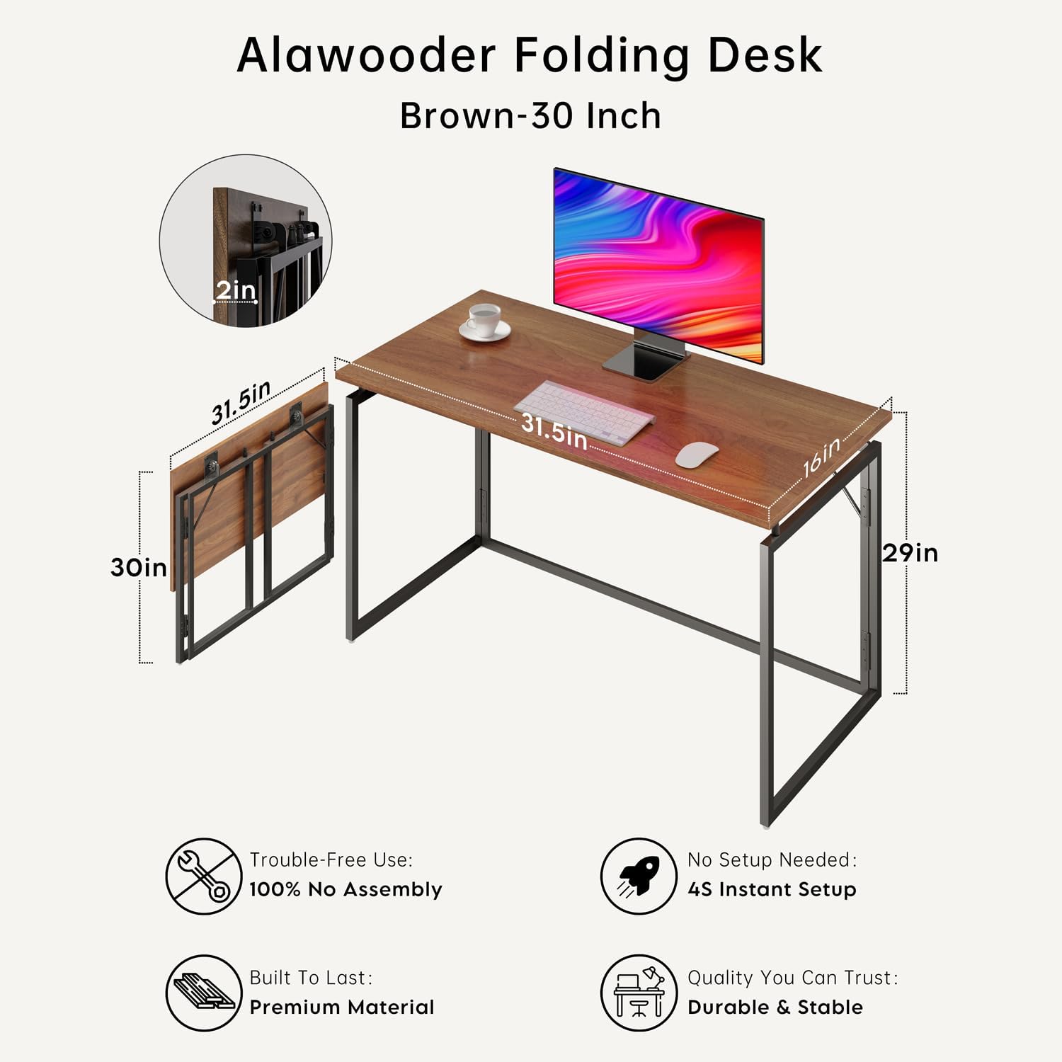 31.5" Folding Desk: No Assembly, Wood Top For Small Spaces | Home Office Desk, Holds 150 Lbs, Folds Flat To 2.3 In, Splash-Proof Wood Top, Sturdy Metal Frame