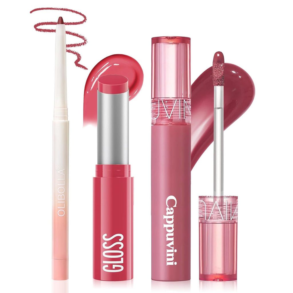 3 Pack Lip Combo Set - Matte Lip Liner Pencil + Hydrating Tinted Lip Balm + Plumping Lip Gloss, Non-Sticky, Long-Lasting, 3-in-1 Lip Makeup Kit for Plump, Hydrated & Glossy Lips (Juicy Plum Set)