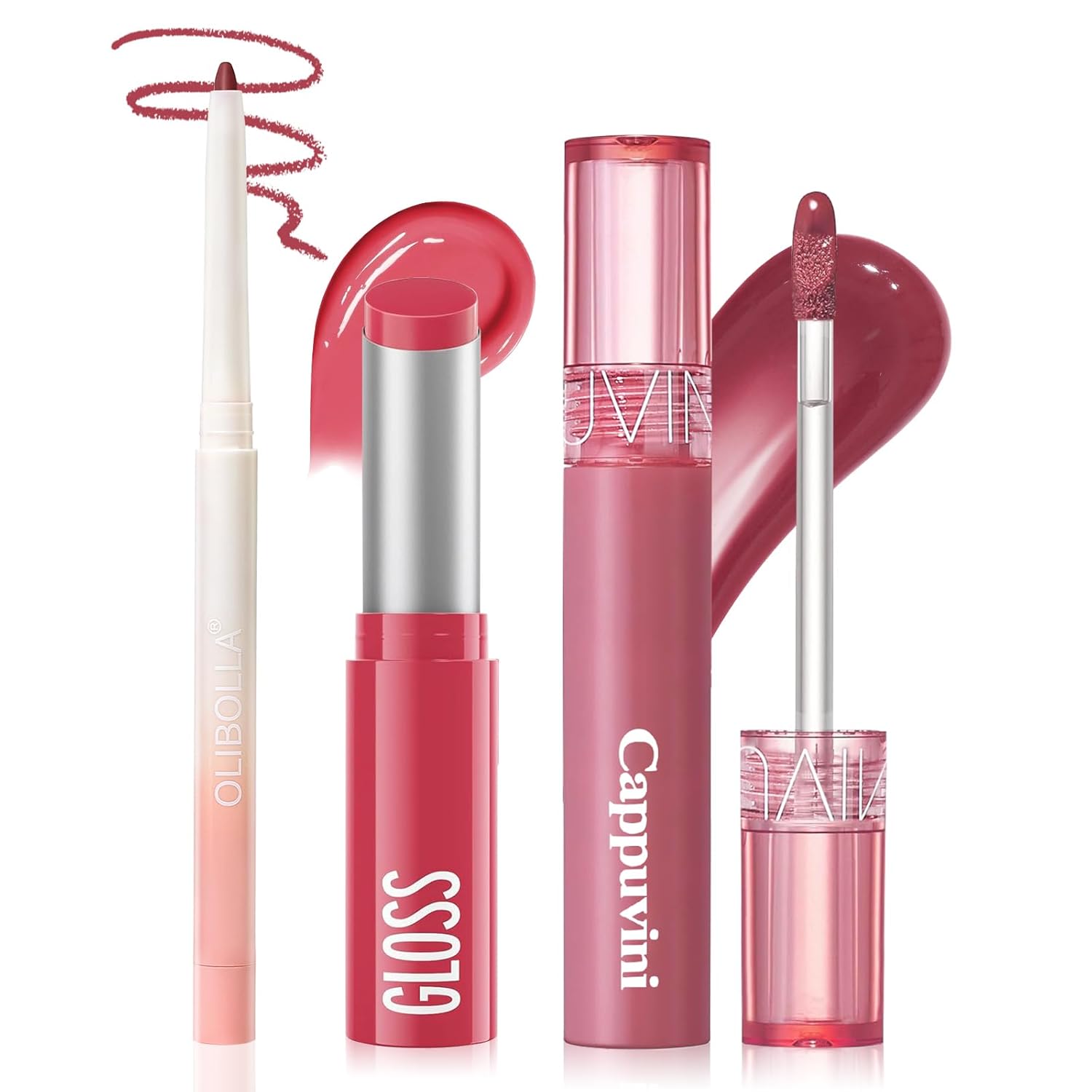 3 Pack Lip Combo Set - Matte Lip Liner Pencil + Hydrating Tinted Lip Balm + Plumping Lip Gloss, Non-Sticky, Long-Lasting, 3-in-1 Lip Makeup Kit for Plump, Hydrated & Glossy Lips (Juicy Plum Set)