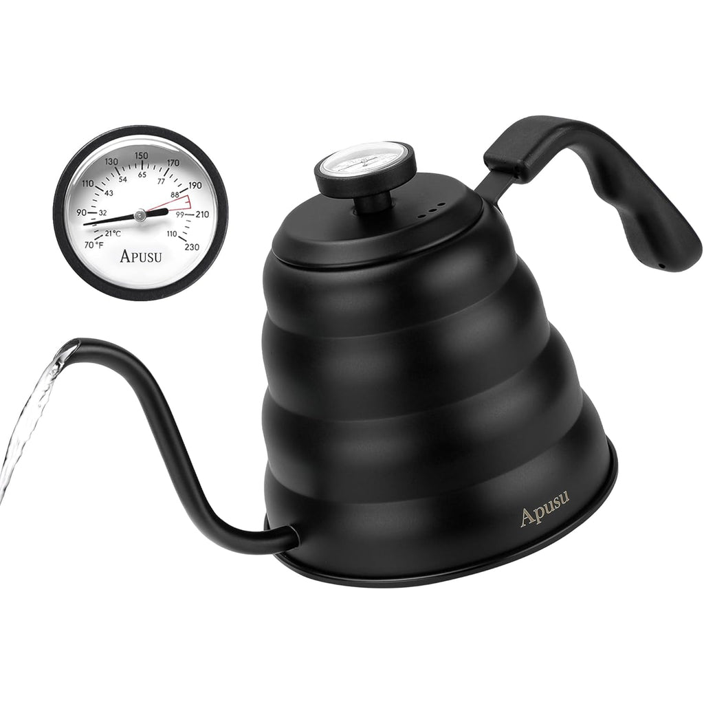 Tea Kettle with Thermometer Pot Black Stovetop Tea Kettle 40oz Gooseneck Kettle Teapot Pour Over Coffee Kettle with Thermometer,1200ml,5 Cup,Black,1Pack