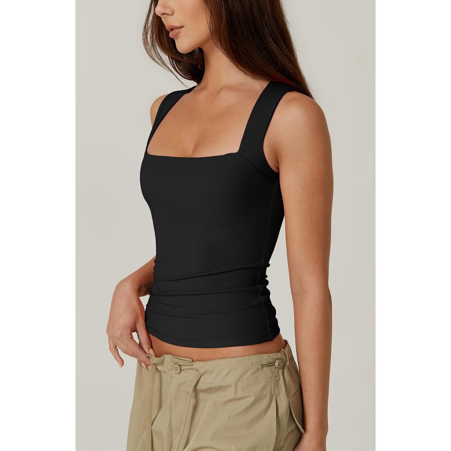 Women's Double Layer Tank Tops Square Neck Sleeveless Basic Tight T Shirts
