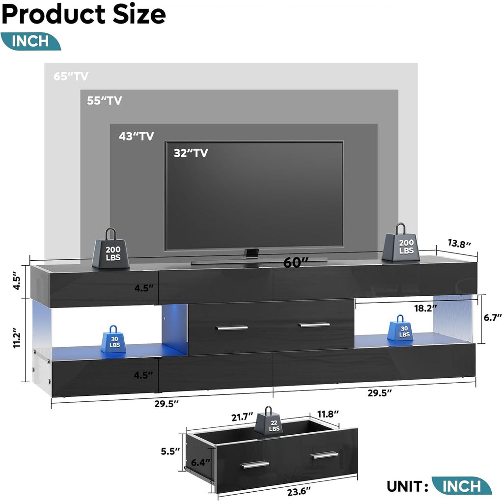 Bestier Black 60 Inch Modern Tv Stand, Led Entertainment Center With Drawer | Fits Up To 65 In Tv, High Gloss With Stone Pattern, Large Storage Drawer & Open Shelves, 7-Color Led Lights For Living Room