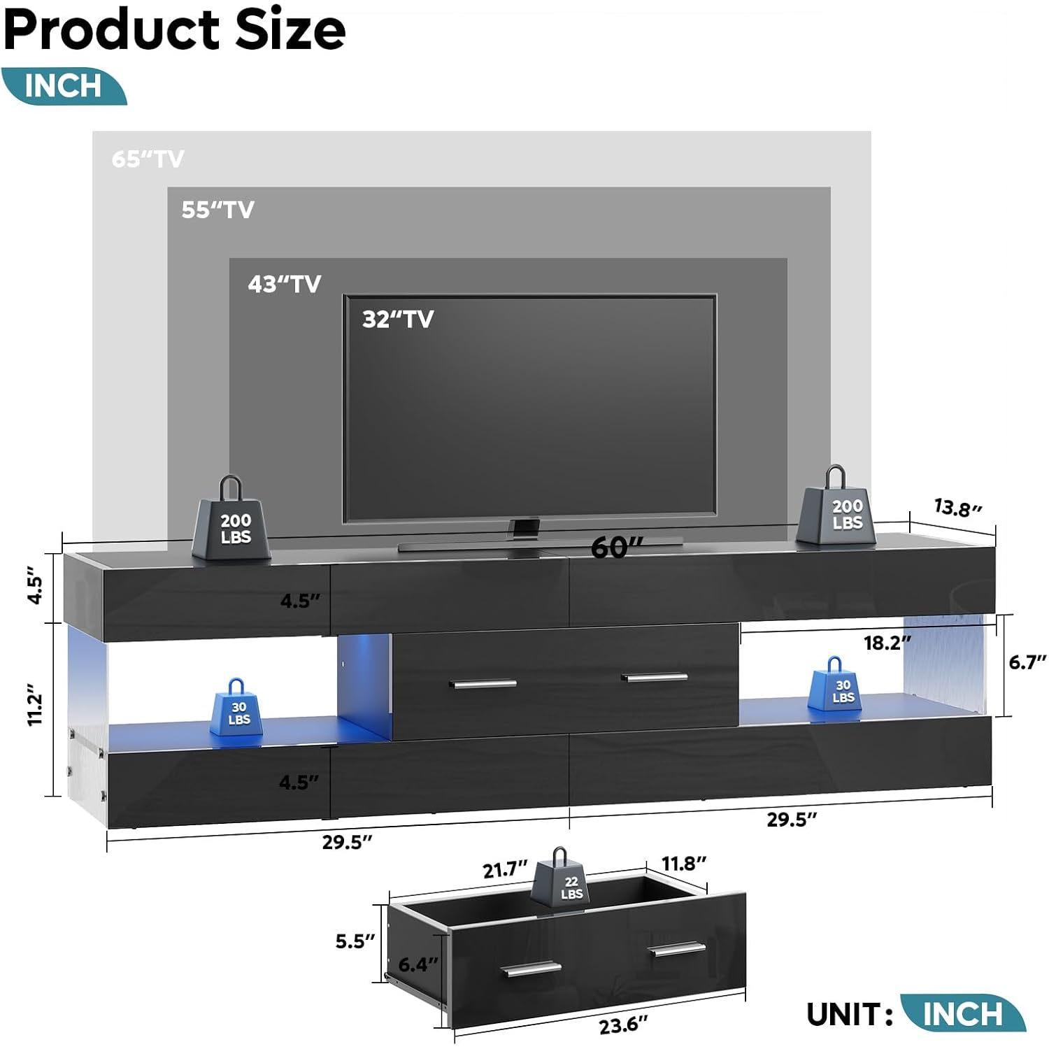 Bestier Black 60 Inch Modern Tv Stand, Led Entertainment Center With Drawer | Fits Up To 65 In Tv, High Gloss With Stone Pattern, Large Storage Drawer & Open Shelves, 7-Color Led Lights For Living Room