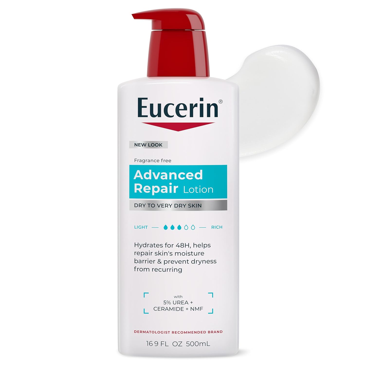Eucerin Advanced Repair Lotion, Urea Enriched, Unscented Body Lotion For Dry Skin With Triple Moisturizing Complex, 16.9 Fl Oz Bottle