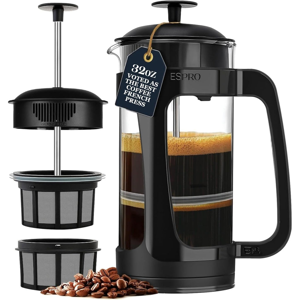 Espro Light P3 French Press Coffee Maker – Patented Double Micro-Filter For Grit-Free Brew, Heat Resistant Thicker Borosilicate Glass Coffee Press – (Black, 32 Oz)