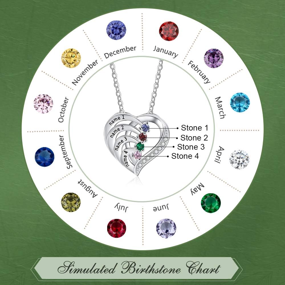 925 Sterling Silver Mother Necklace with 3-4 Simulated Birthstones Personalized Women's Promise Necklace Engraved Names Family Anniversary Jewelry for Grandma