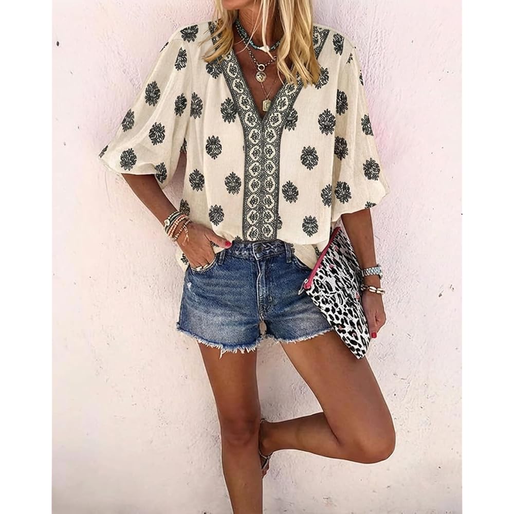 Chicme Women'S Casual V Neck Blouse Floral Boho Summer Tops Lantern Sleeve Loose Fit Tunics Flowy Vacation Clothes