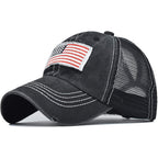 IZUS Women's American-Flag Baseball-Caps Distressed-Brim Washed-Cotton High-Ponytail Mesh-Back Dad-Trucker-Hat Black (54-60cm)