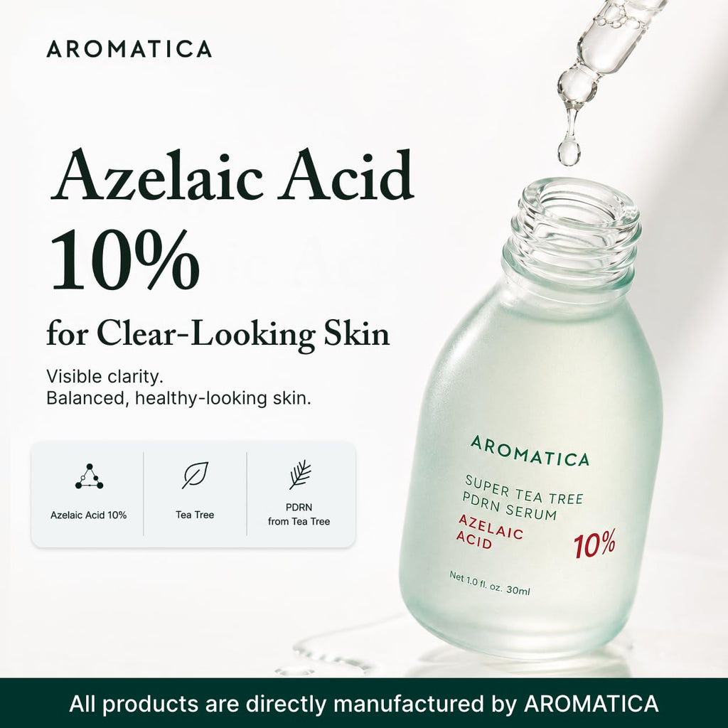Aromatica Azelaic Acid 10% Serum, Blemish & Redness Soothing Facial Serum, Pdrn Serum, Tea Tree Complex, For Sensitive & Blemish-Prone Skin, Lightweight & Low Irritation, Korean Skincare, 1.01 Fl Oz