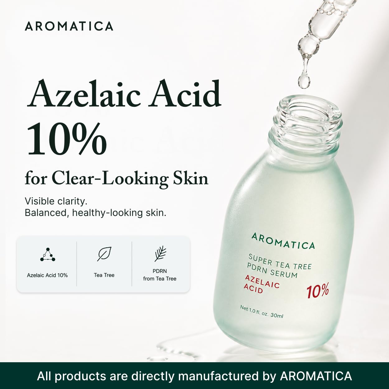 Aromatica Azelaic Acid 10% Serum, Blemish & Redness Soothing Facial Serum, Pdrn Serum, Tea Tree Complex, For Sensitive & Blemish-Prone Skin, Lightweight & Low Irritation, Korean Skincare, 1.01 Fl Oz