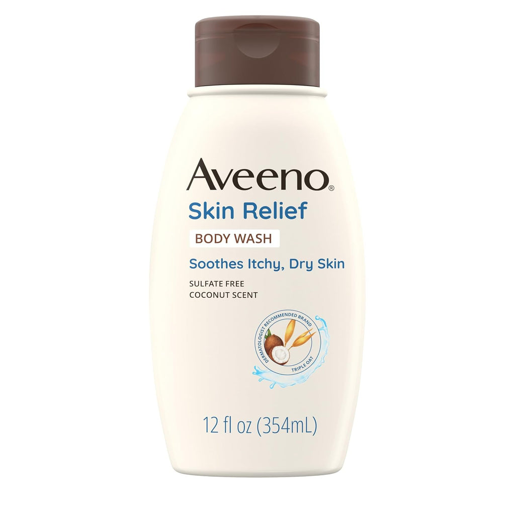Aveeno Skin Relief Body Wash With Coconut Scent & Soothing Oat, Gentle Soap-Free Body Cleanser For Itchy, Dry & Sensitive Skin, Dye-Free & Allergy-Tested, 12 Fl. Oz