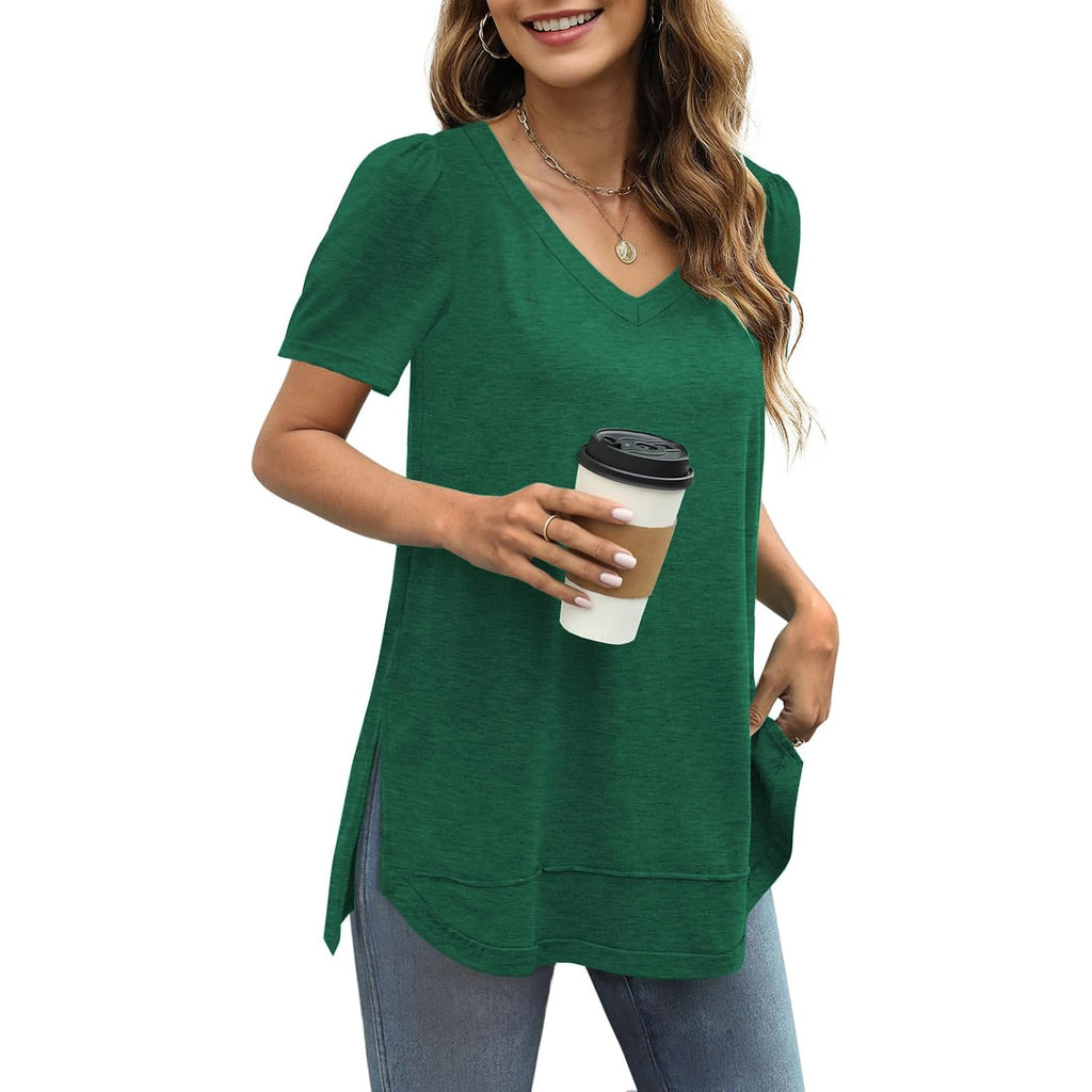 Jomedesign Summer Tops For Women Short Sleeve V Neck Shirts Side Split Loose Casual Tunic Tops