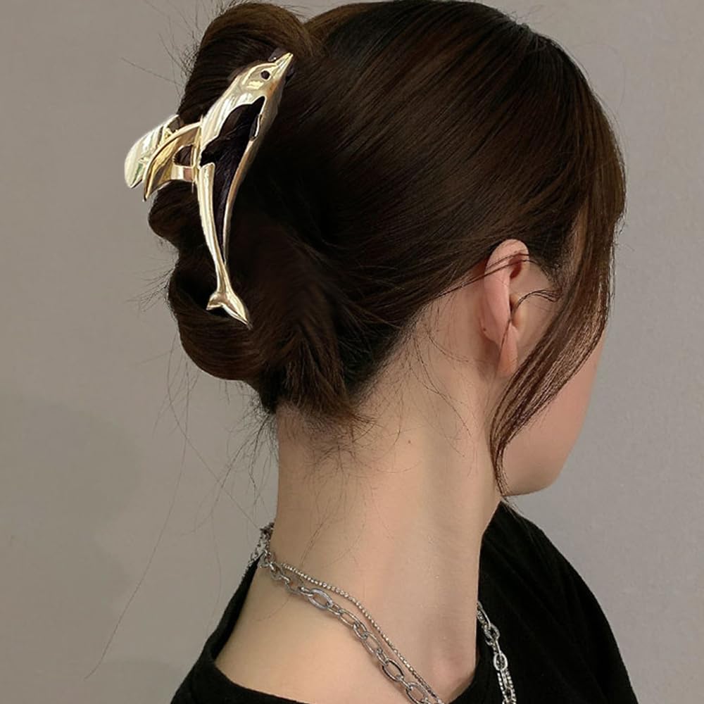 1 Packs Metal Dolphin Hair Claw Clips for Lady Thick Hair Large Catch Clip Barrette Non-slip Hair Jaw Clamp Clip Fashion Hair Styling Accessories for Women Girls Hair Ornament Lover Birthday Wedding