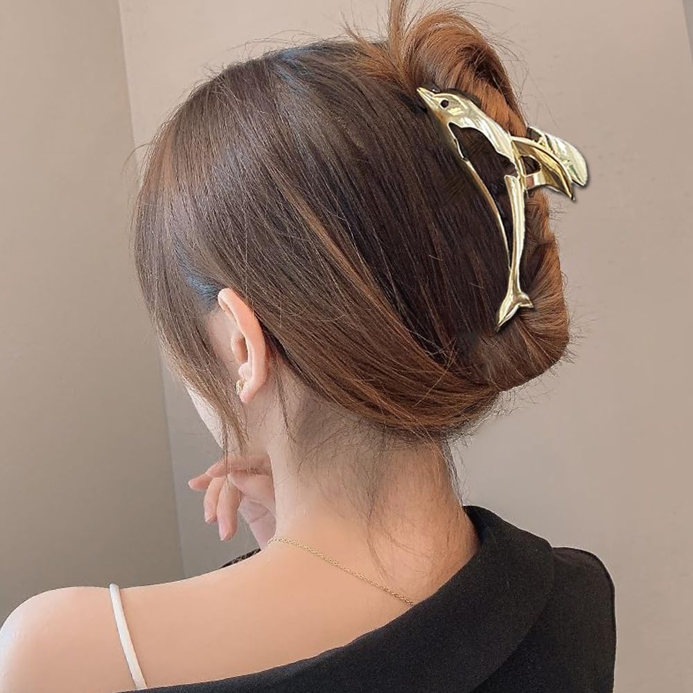1 Packs Metal Dolphin Hair Claw Clips for Lady Thick Hair Large Catch Clip Barrette Non-slip Hair Jaw Clamp Clip Fashion Hair Styling Accessories for Women Girls Hair Ornament Lover Birthday Wedding