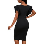 Womens Short Ruffle Sleeve Church Dress 50S Vintage Crew Neck Bodycon Work Pencil Midi Dress