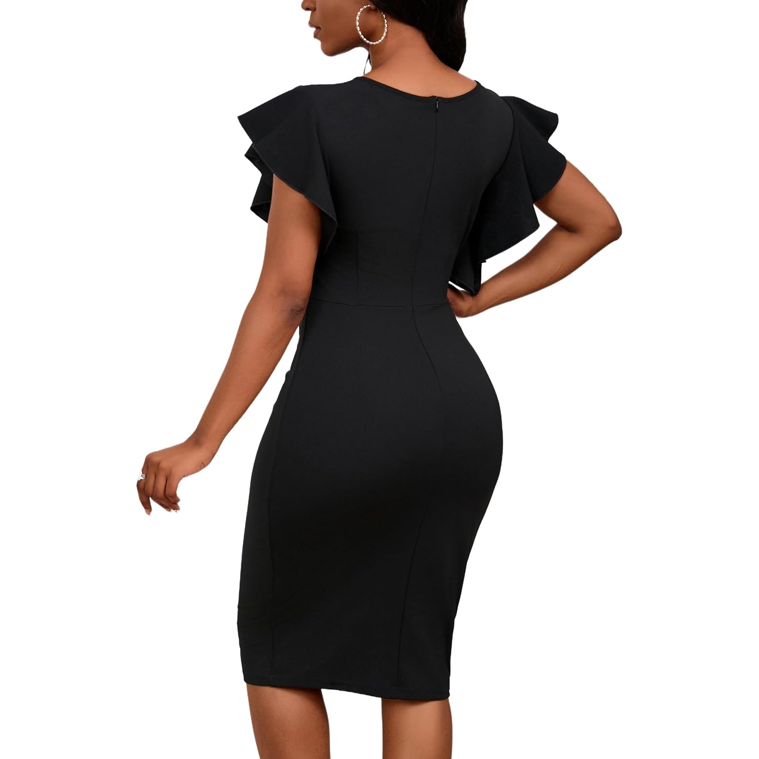 Womens Short Ruffle Sleeve Church Dress 50S Vintage Crew Neck Bodycon Work Pencil Midi Dress