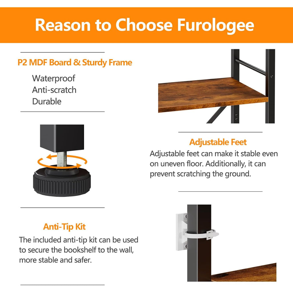 Furologee 6 Tier Tall Bookshelf, Industrial Narrow Bookcase, Display Standing Shelf Units, Metal And Wood Storage Rack Organizer For Living Room, Home Office, Entryway, Kitchen, Rustic Brown