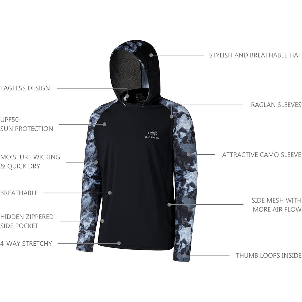 Bassdash Men’S Upf 50 Performance Fishing Shirt Cooling Hoodie Camo Long Sleeve Fs17M