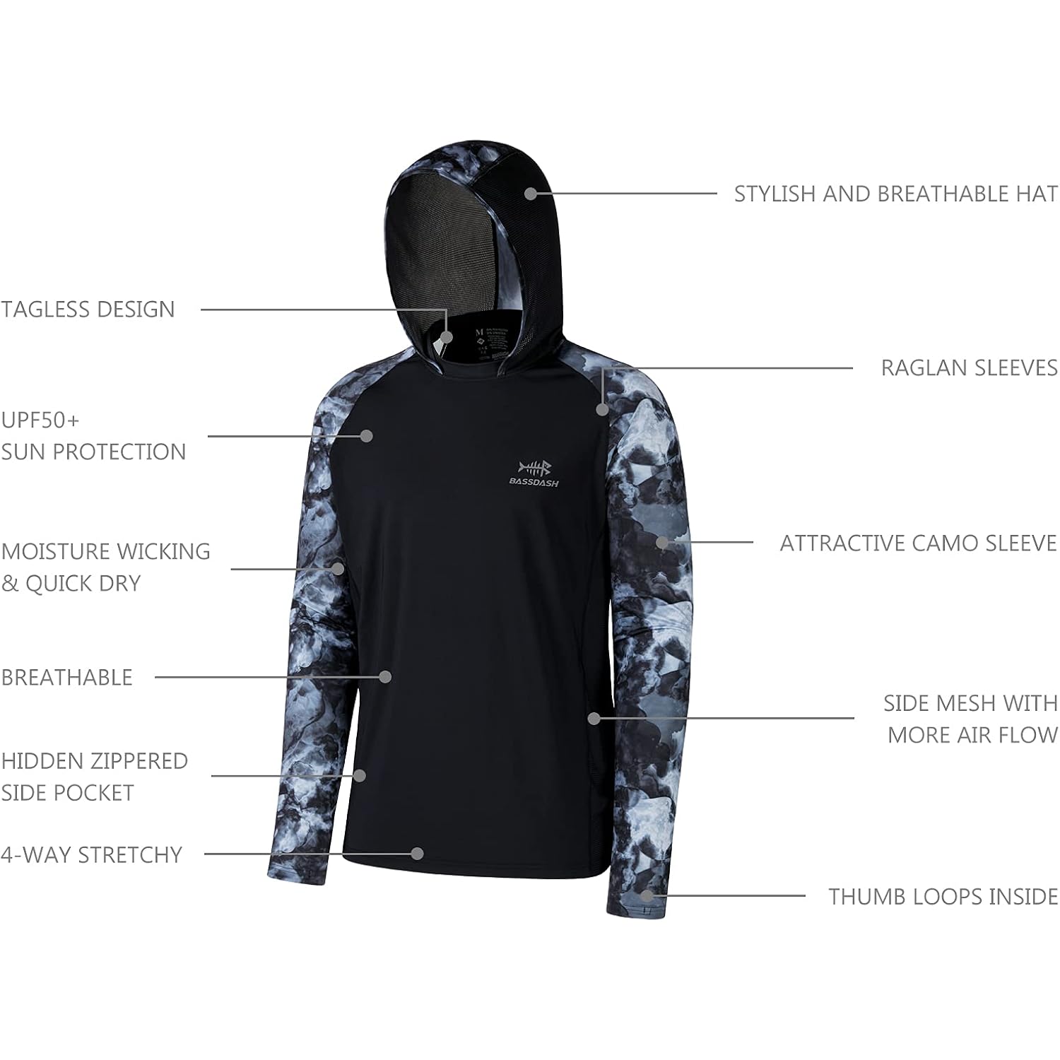 Bassdash Men’S Upf 50 Performance Fishing Shirt Cooling Hoodie Camo Long Sleeve Fs17M