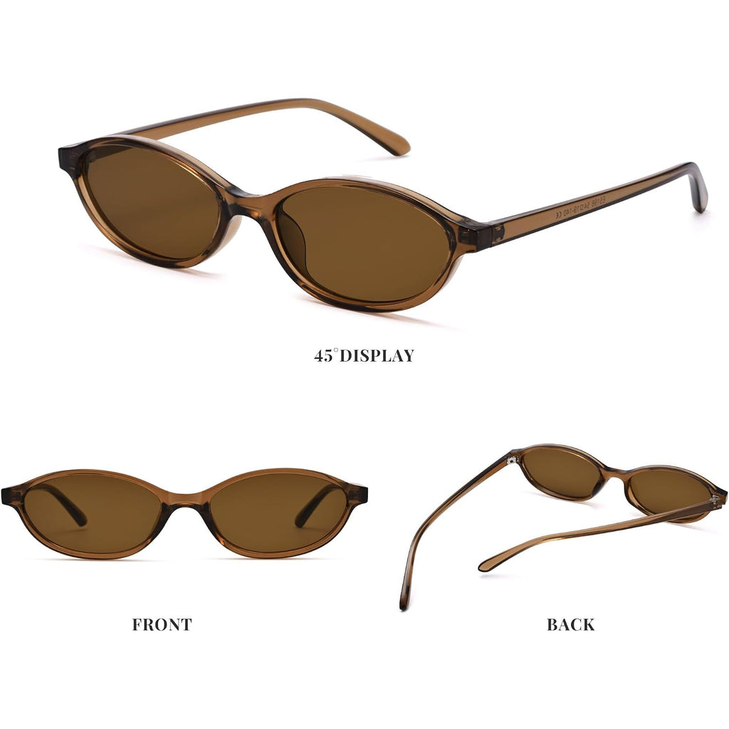 Pro Acme Retro Oval Sunglasses for Women Chic Cat Eye Y2K Trendy Narrow Sunnies Designer Sun Glasses Brown Frame/Brown Lens + Black Frame/Grey Lens + Leopard Frame/Brown Lens