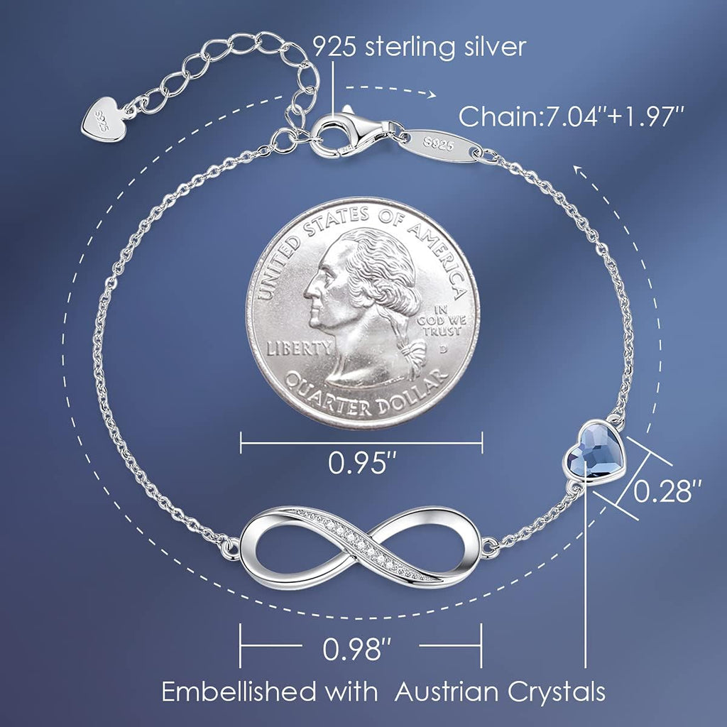 CDE Mothers Day Gifts Infinity Heart Birthstone Charm Link Bracelet for Women 925 Sterling Silver Adjustable Mother's Day Valentine's Day Christmas Day Gift Anniversary Birthday Jewelry for Wife Girlfriend Her
