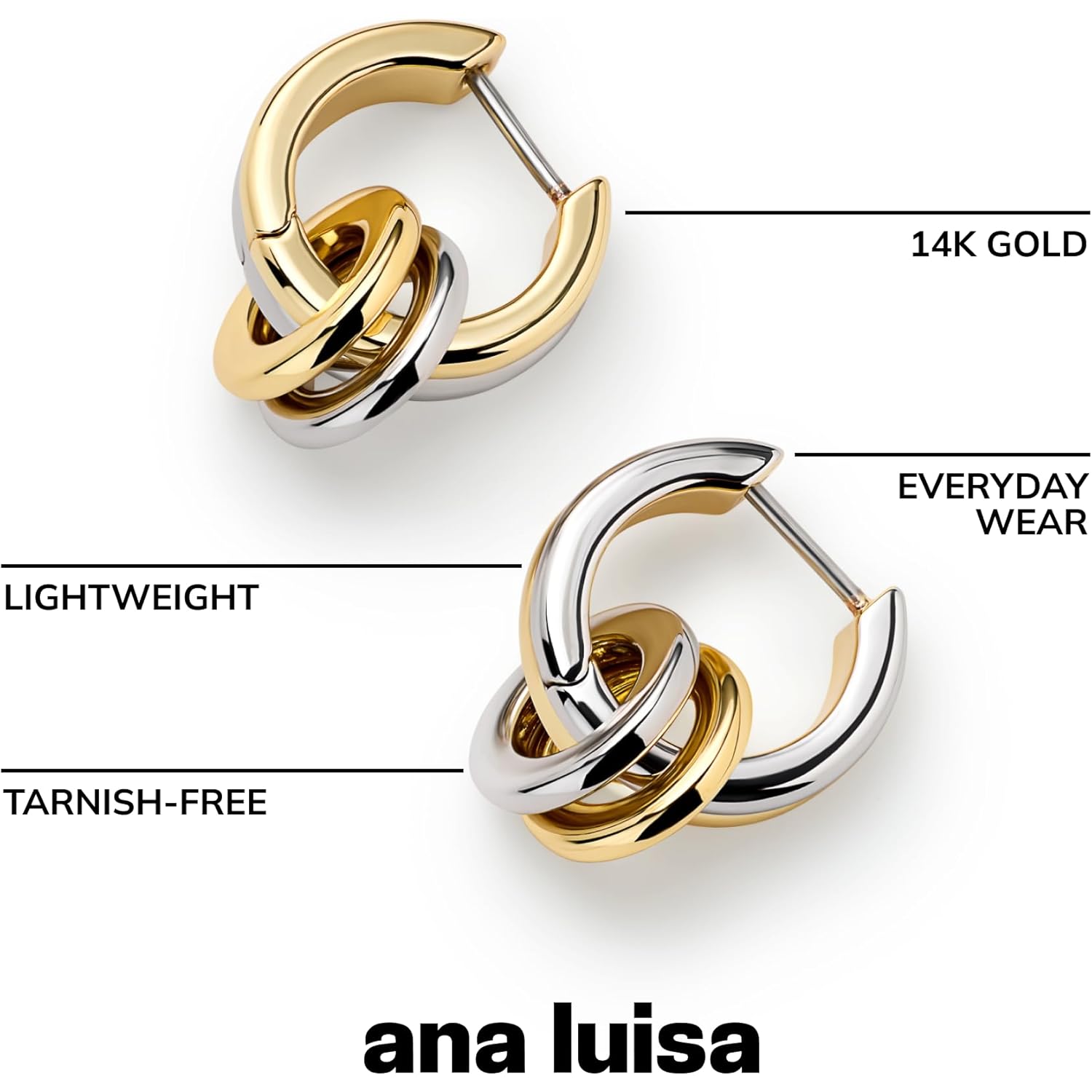 Ana Luisa Asher Small Huggie Hoop Earrings for Women - 14K Gold Plated, Silver Rhodium Plated and Two Tone Styles - Hypoallergenic, Tarnish-Free - Ana Luisa Jewelry - Stylish Gold Hoop Earrings