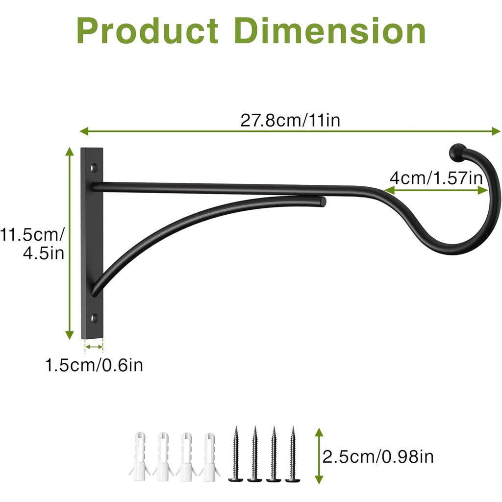 11 Inch 2 Pack Heavy Duty Plant Hangers Outdoor, Metal Plant Brackets For Hanging Baskets, Plant Wall Hooks For Bird Feeders, Wind Chimes & Lanterns, Premium Metal Hooks Matte Black, 30Lbs Capacity